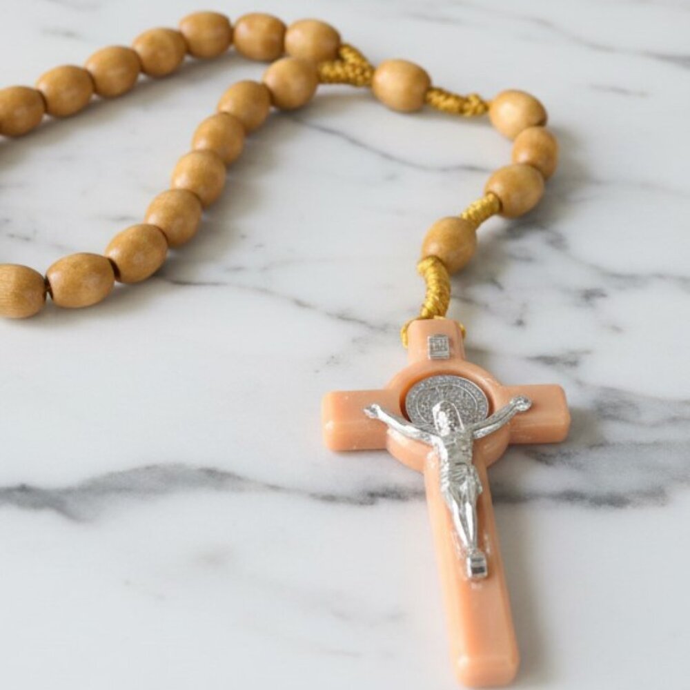 Tan Rosary Beads with Crucifix, Cross Pendent, Tan Rosary